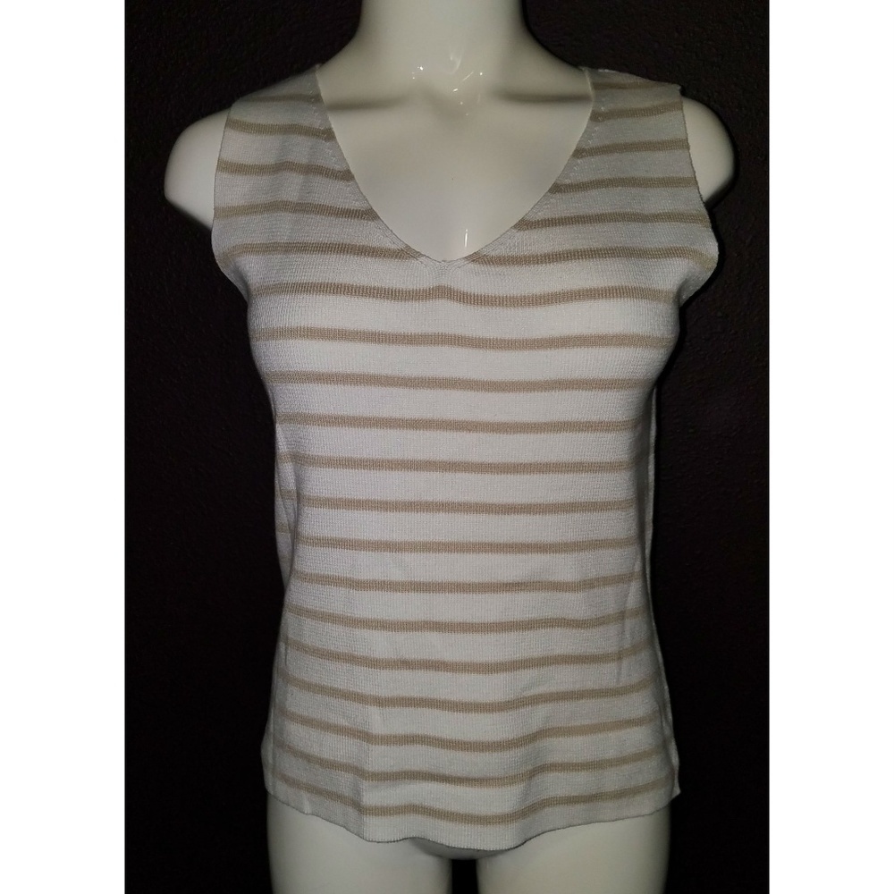 NEW Tehama Nancy Haley Knit Striped Tank Top Size Medium White Tan Sleeveless